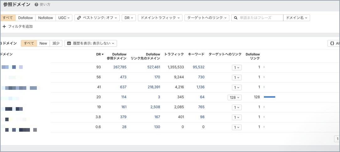 Ahrefsで被リンクを参照ドメイン単位にまとめて確認する画面